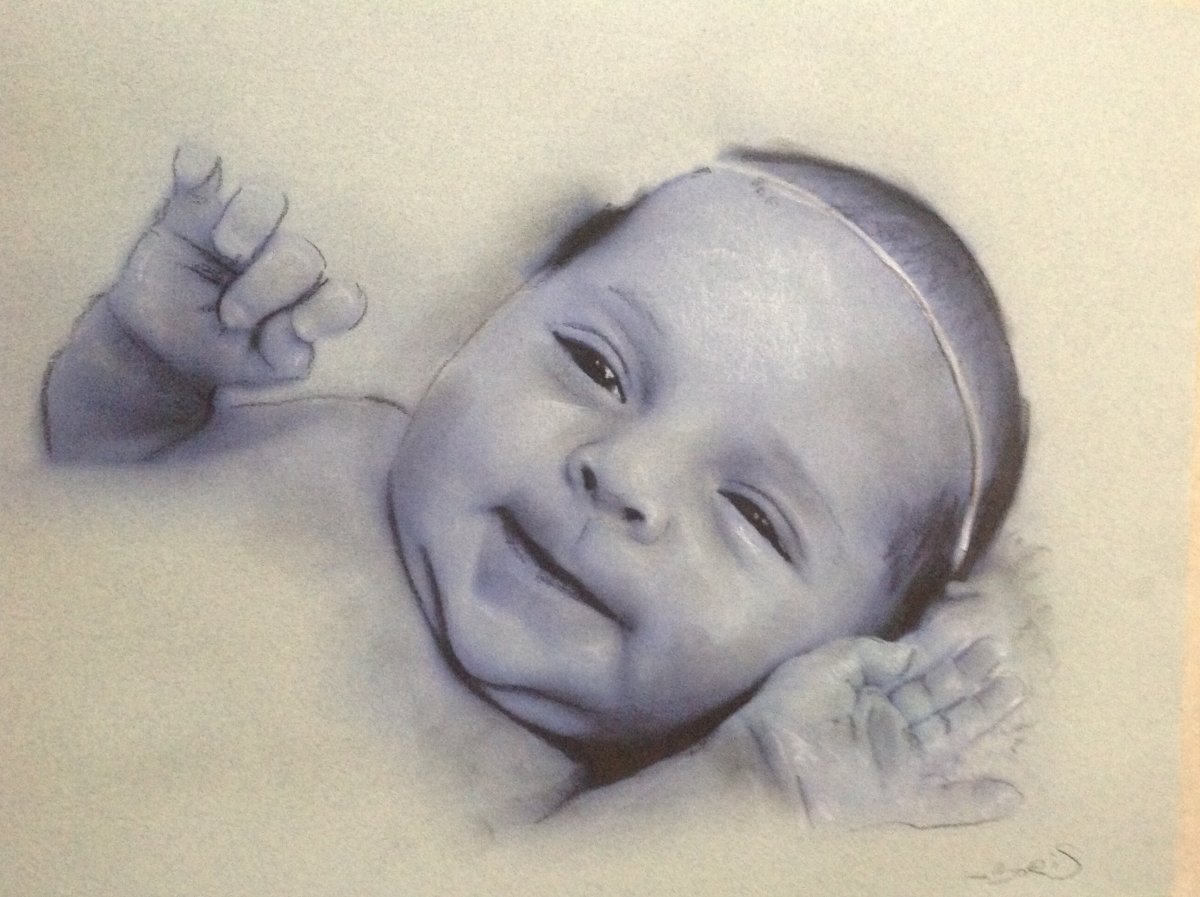 portrait de bebe dessin pastel N/B