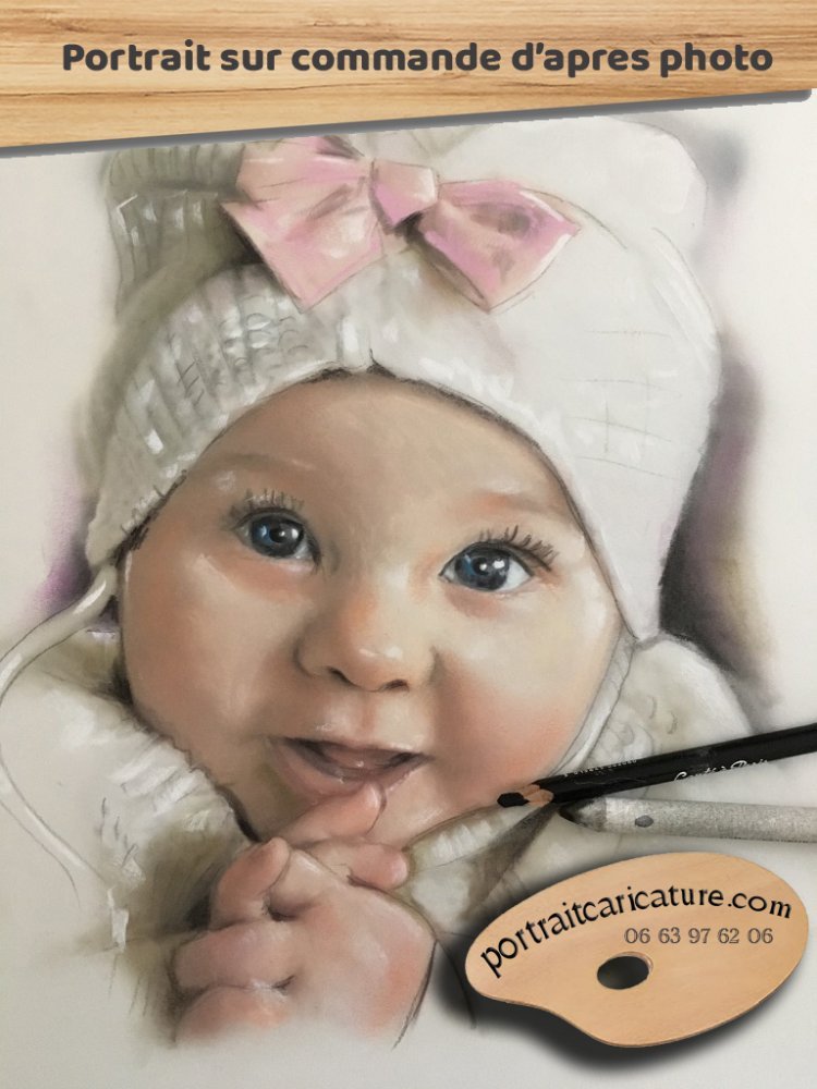 portrait bebe dessin couleur pastel d'apres photo agen Pau auch Tarbes gers toulouse made in France 