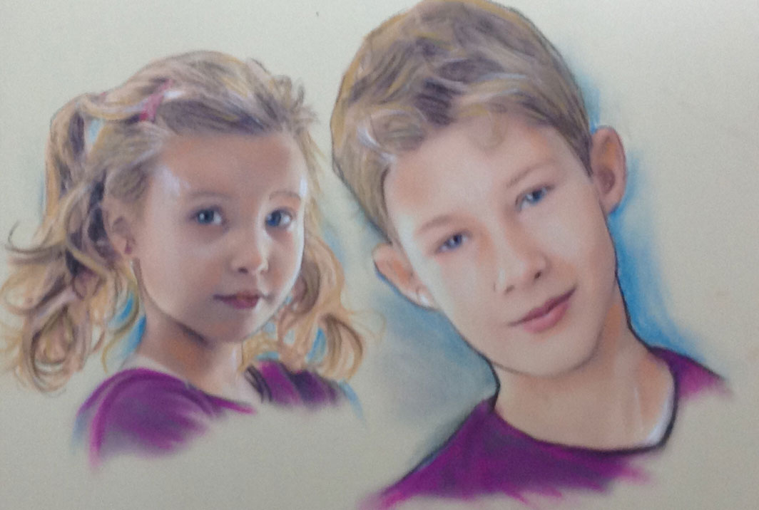 portrait frere soeur au pastel couleur 