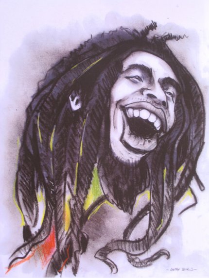 caricature de Bob Marley, fusain et pastel d'apres photo par Boris Lamy magicien caricaturiste et portraitiste entre toulouse et bordeaux