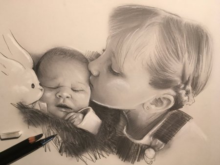 portrait dessin au crayon enfants d'apres photo sur commande envoi a domicile