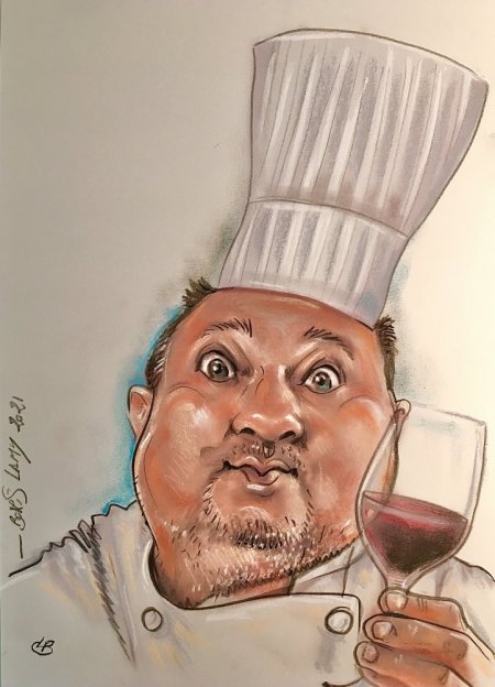 caricature en couleur d'apres photot du cuisinier erick jacquin par boris lamy magicien caricaturiste entre toulouse et bordeaux